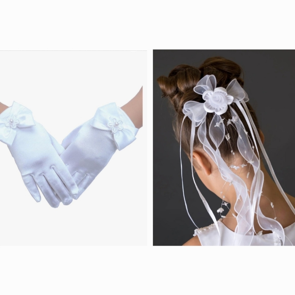 Ribbon First Communion Vail and Gloves